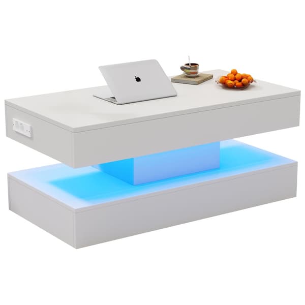 Modernt soffbord 100x50x42 cm - med LED-belysning - dolt förvaringsutrymme - hydraulisk lyft - vit