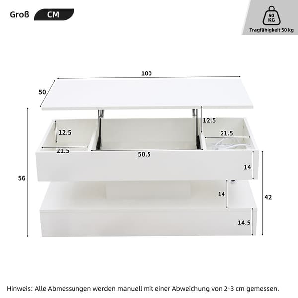Modernt soffbord 100x50x42 cm - med LED-belysning - dolt förvaringsutrymme - hydraulisk lyft - vit