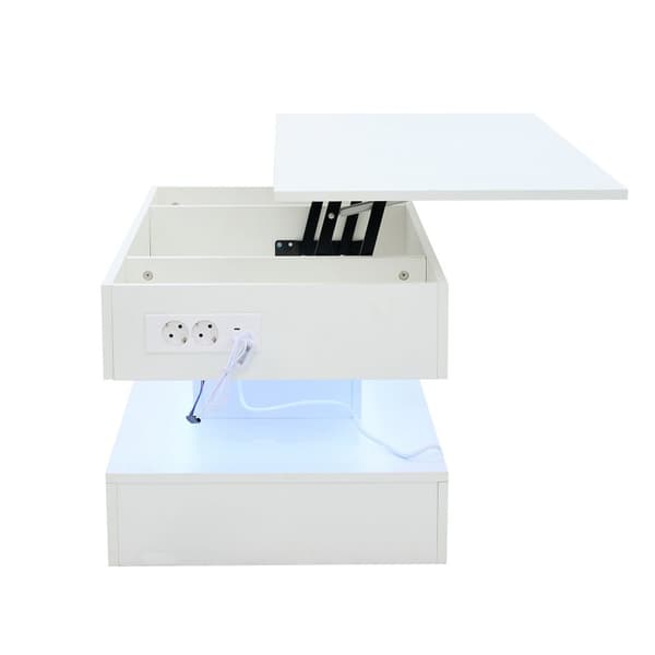 Modernt soffbord 100x50x42 cm - med LED-belysning - dolt förvaringsutrymme - hydraulisk lyft - vit