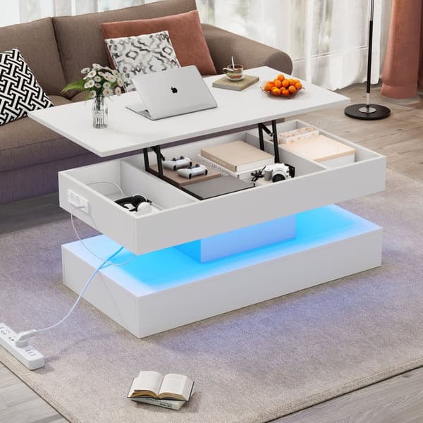 Modernt soffbord 100x50x42 cm - med LED-belysning - dolt förvaringsutrymme - hydraulisk lyft - vit
