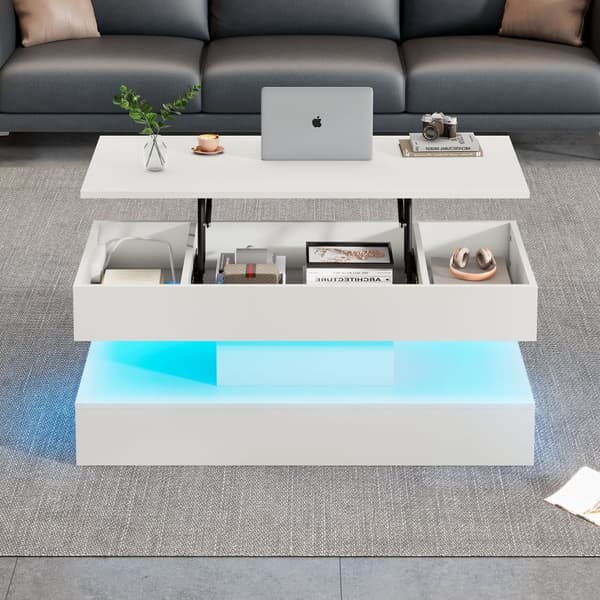 Modernt soffbord 100x50x42 cm - med LED-belysning - dolt förvaringsutrymme - hydraulisk lyft - vit