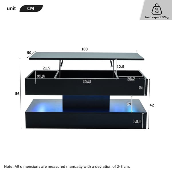 Modernt soffbord 100x50x42 cm - med LED-belysning - dolt förvaringsutrymme - hydraulisk lyft - svart