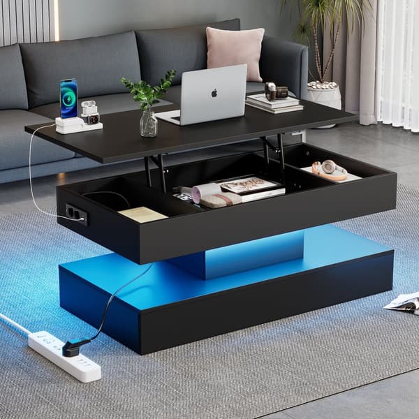Modernt soffbord 100x50x42 cm - med LED-belysning - dolt förvaringsutrymme - hydraulisk lyft - svart