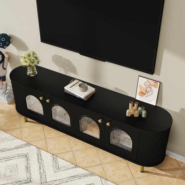 TV-taso 170x35x55 cm - 4 lasiovella - kultaiset kahvat ja jalat - musta