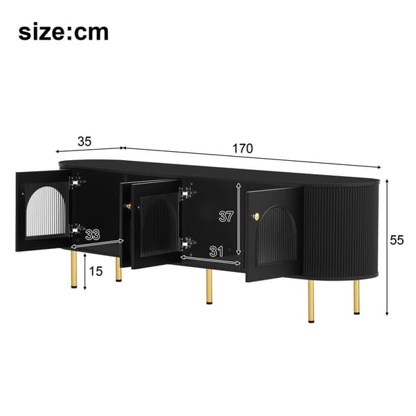 TV-taso 170x35x55 cm - 4 lasiovella - kultaiset kahvat ja jalat - musta