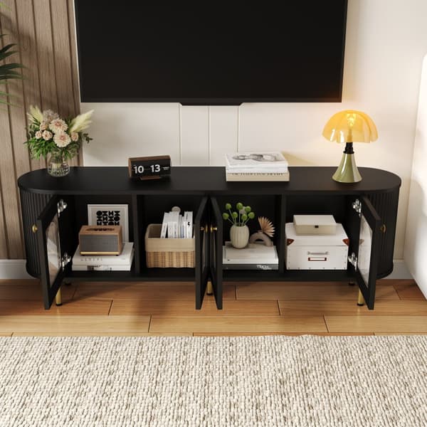 TV-taso 170x35x55 cm - 4 lasiovella - kultaiset kahvat ja jalat - musta