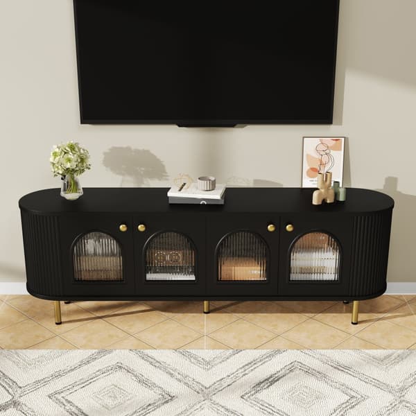 TV-taso 170x35x55 cm - 4 lasiovella - kultaiset kahvat ja jalat - musta