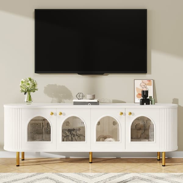 TV-skåp 170x35x55 cm - med 4 glasdörrar - gyllene handtag och fötter - vit