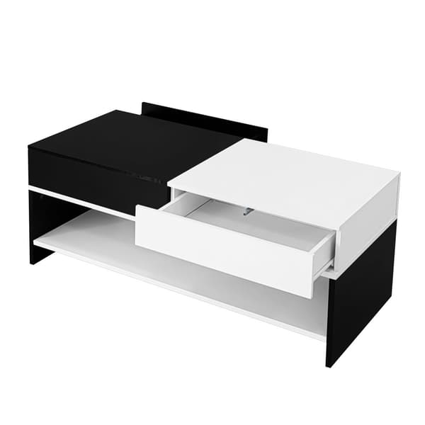 Moderne sofabord 100x48x40 cm - med 2 skuffer - højglans top - spånplade - sort + hvid