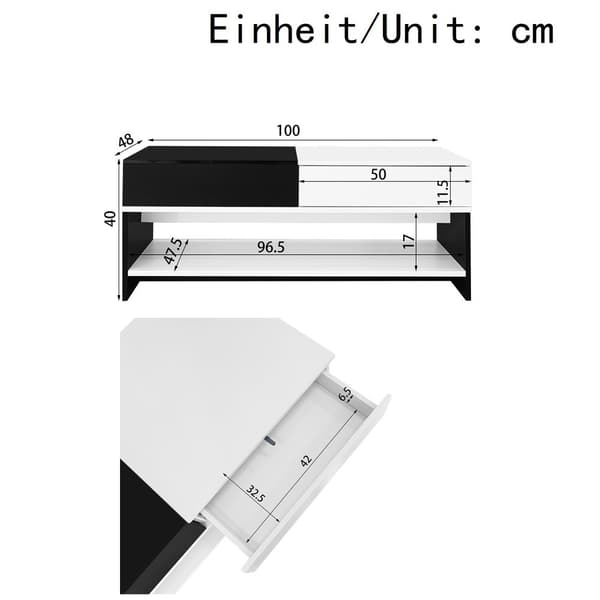 Moderne sofabord 100x48x40 cm - med 2 skuffer - højglans top - spånplade - sort + hvid
