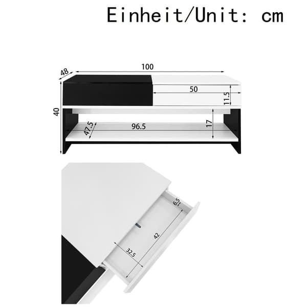 Moderne sofabord 100x48x40 cm - med 2 skuffer - højglans top - spånplade - sort + hvid