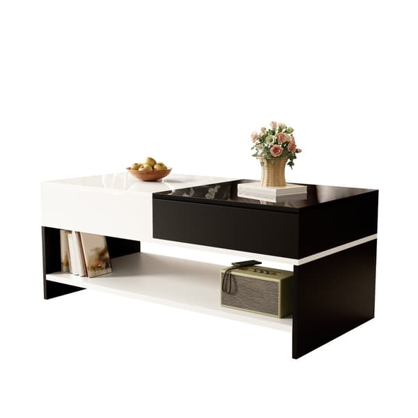 Moderne sofabord 100x48x40 cm - med 2 skuffer - højglans top - spånplade - sort + hvid
