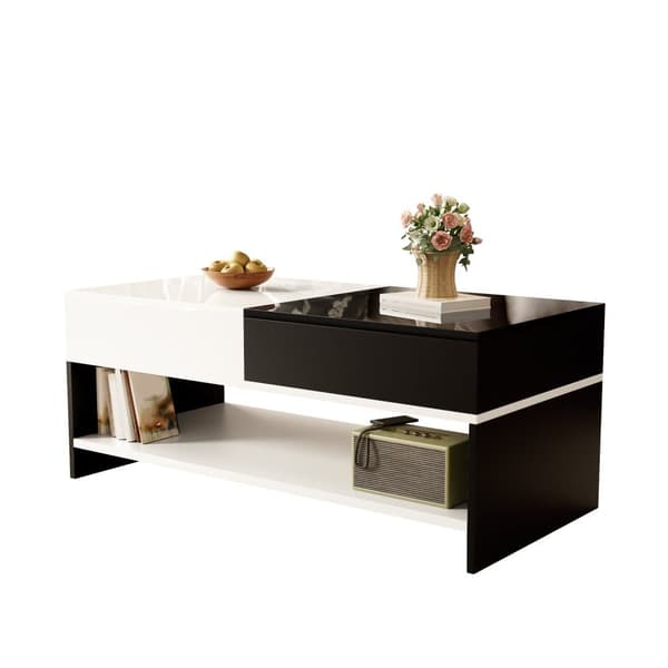 Modernt soffbord 100x48x40 cm - med 2 lådor - högglansig skiva - spånskiva - svart + vit