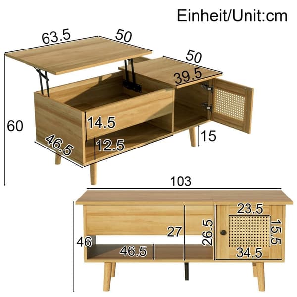 Sohvapöytä 103x50x46 cm - taitettavalla kannella - 2 rottinkiovella - luonnonvärinen