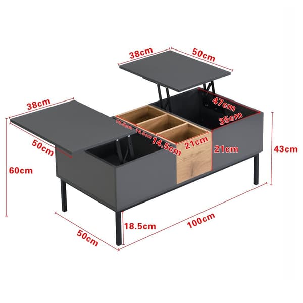 Modernt soffbord 100x50x45 / 100x50x60 cm - Höjdjusterbar skiva - Med förvaringsfack - Mörkgrå
