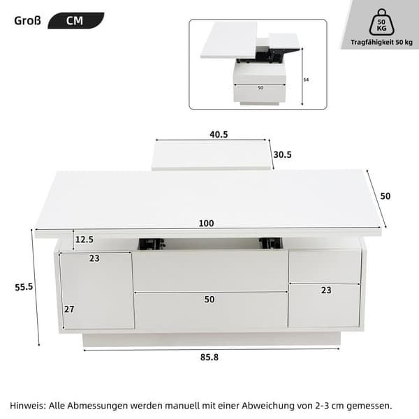 Moderni sohvapöytä 100x50x40 cm - 2 ovella - kaksinkertainen nostomekanismi - piilotettu säilytystila - valkoinen