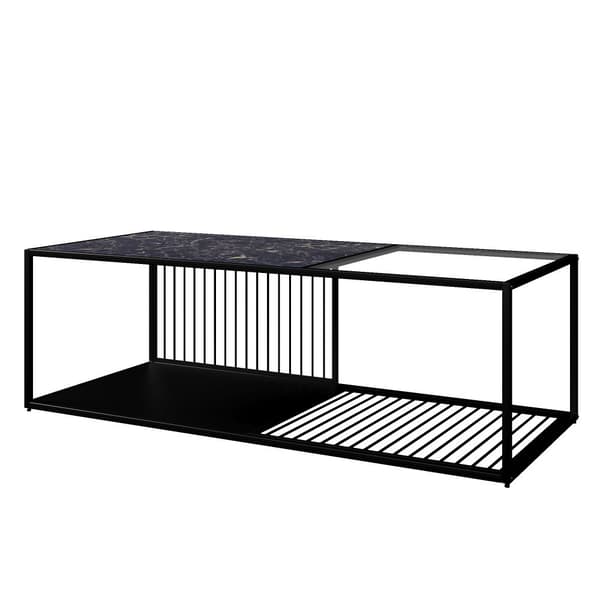 Soffbord 110x48x35 cm - Soffbord i smidesjärn - Med glas - Förvaringsutrymme - Svart