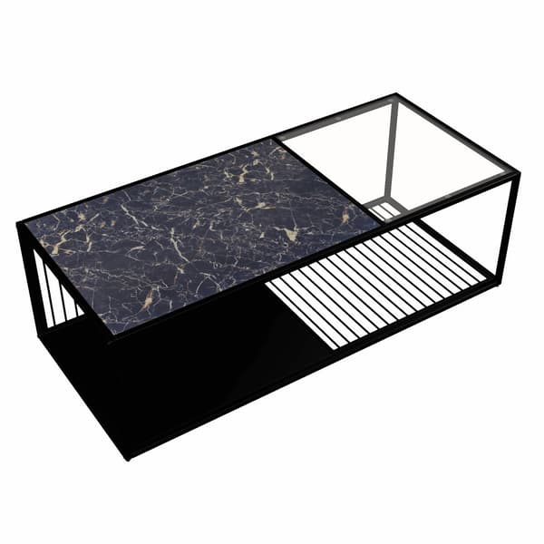 Soffbord 110x48x35 cm - Soffbord i smidesjärn - Med glas - Förvaringsutrymme - Svart
