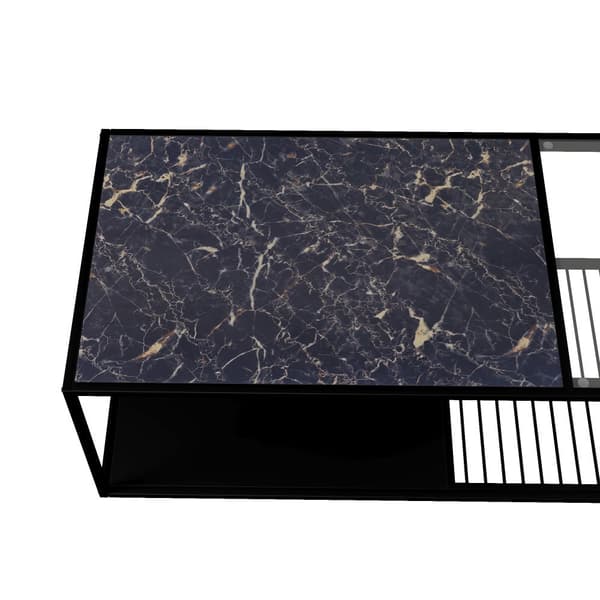 Soffbord 110x48x35 cm - Soffbord i smidesjärn - Med glas - Förvaringsutrymme - Svart
