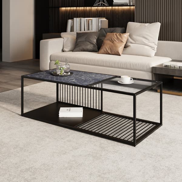 Soffbord 110x48x35 cm - Soffbord i smidesjärn - Med glas - Förvaringsutrymme - Svart
