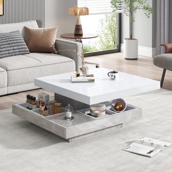 Soffbord med förvaringsutrymme 70 x 70 x 36 cm - blank skiva, vridbar 360° - vit och grå