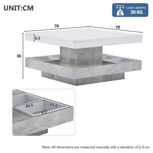Soffbord med förvaringsutrymme 70 x 70 x 36 cm - blank skiva, vridbar 360° - vit och grå
