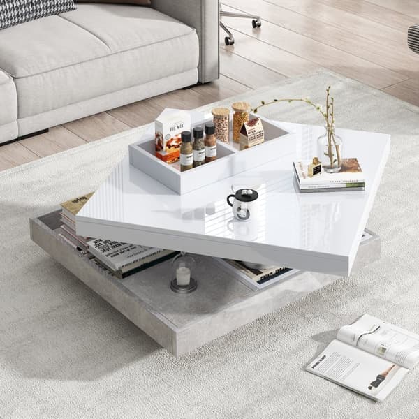 Soffbord med förvaringsutrymme 70 x 70 x 36 cm - blank skiva, vridbar 360° - vit och grå