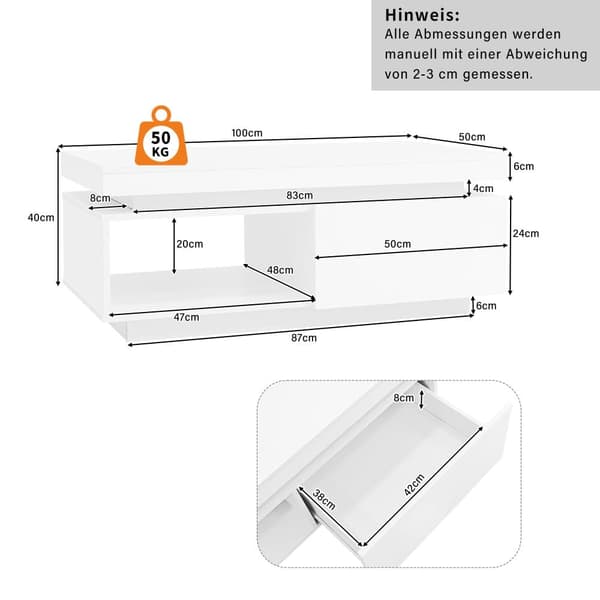 Sofabord med LED - med 1 skuffe og 1 hylde - Hvid