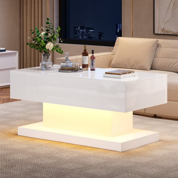 Vipbart sofabord med LED - med opbevaringsplads og semi-vipbar bordplade - hvid