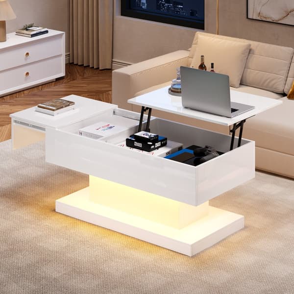 Vipbart sofabord med LED - med opbevaringsplads og semi-vipbar bordplade - hvid