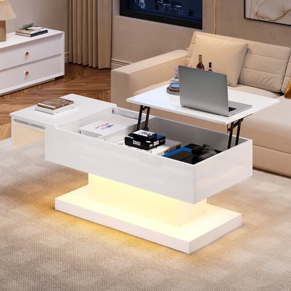 Vipbart sofabord med LED - med opbevaringsplads og semi-vipbar bordplade - hvid
