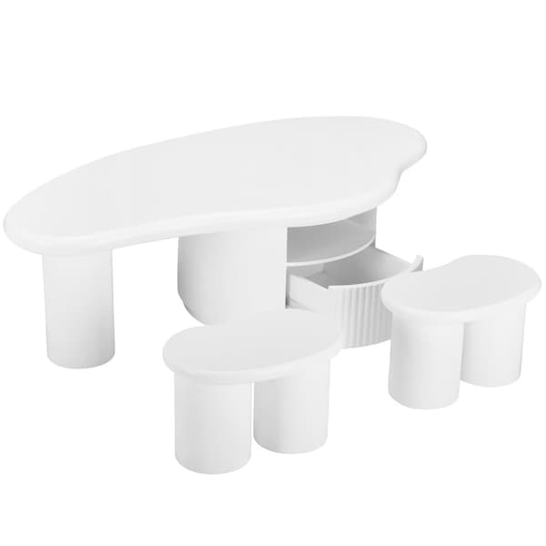 MDF soffbord - med 1 låda, 1 hylla och 2 pallar - vit