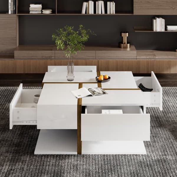 Sofabord - 4 skuffer - Opbevaringsplads nedenunder - 78 x 78 x 36 cm - Hvid og brun