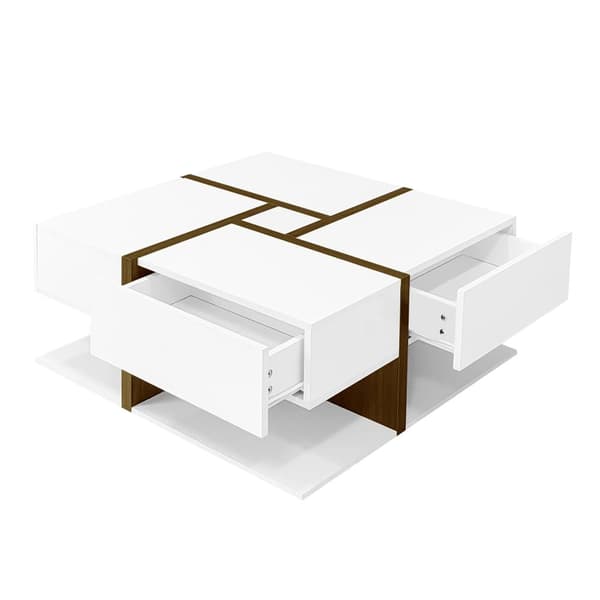 Sofabord - 4 skuffer - Opbevaringsplads nedenunder - 78 x 78 x 36 cm - Hvid og brun