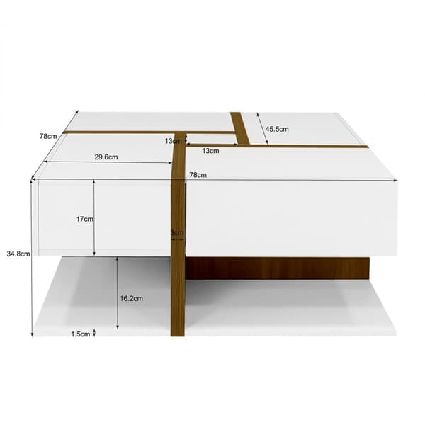 Sofabord - 4 skuffer - Opbevaringsplads nedenunder - 78 x 78 x 36 cm - Hvid og brun