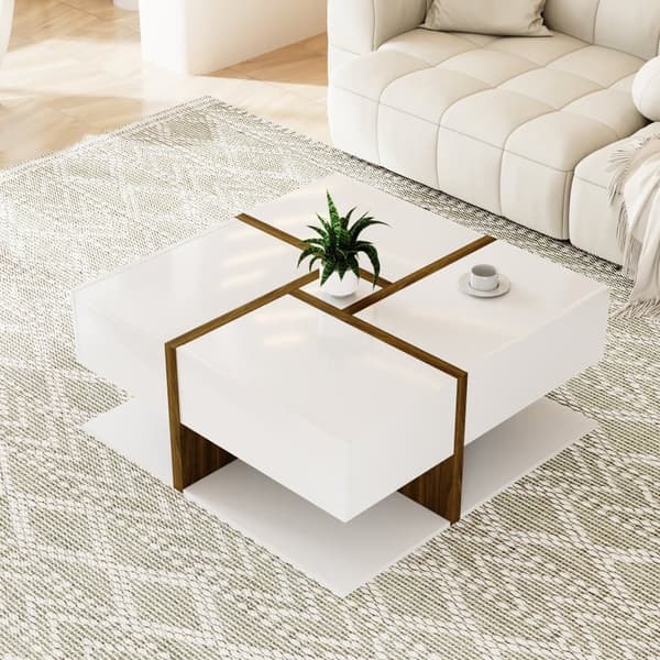 Sofabord - 4 skuffer - Opbevaringsplads nedenunder - 78 x 78 x 36 cm - Hvid og brun