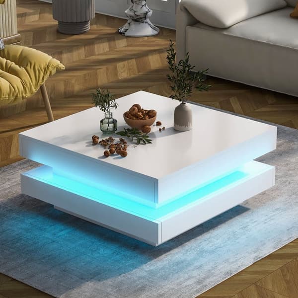 Drejeligt sofabord med LED i 16 farver - Firkantet Form - Hvid