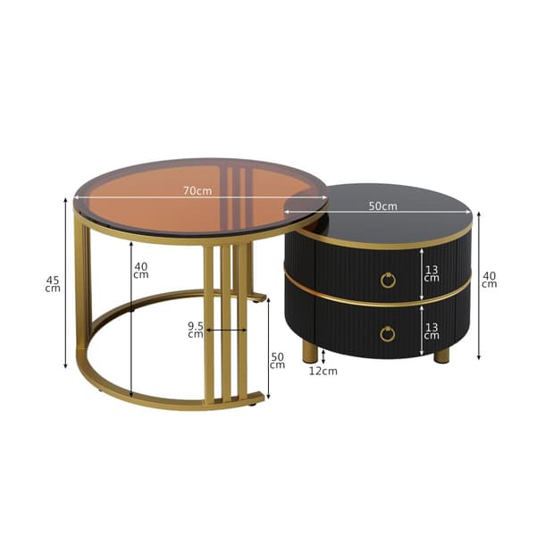 Set med 2 inredda soffbord med 2 lådor - brun härdad glasskiva - svart