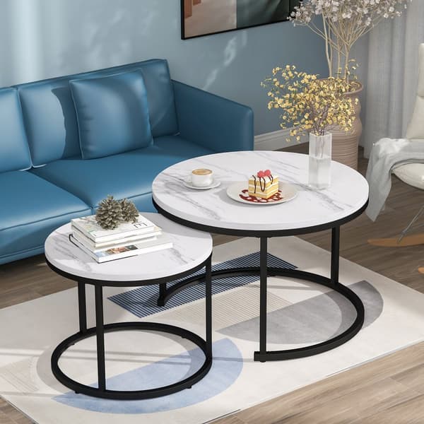 Sofabord sæt med 2 - industriel stil - marmorlook - hvid