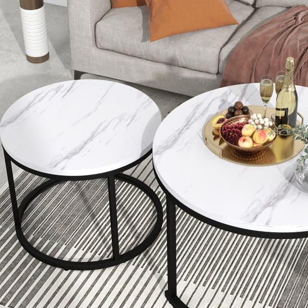 Sofabord sæt med 2 - industriel stil - marmorlook - hvid