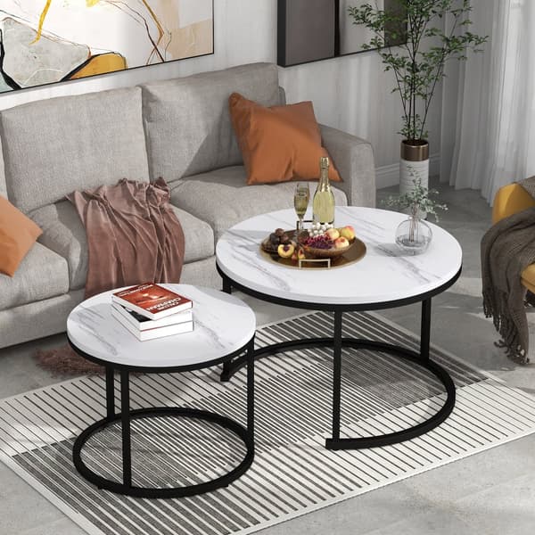 Sofabord sæt med 2 - industriel stil - marmorlook - hvid