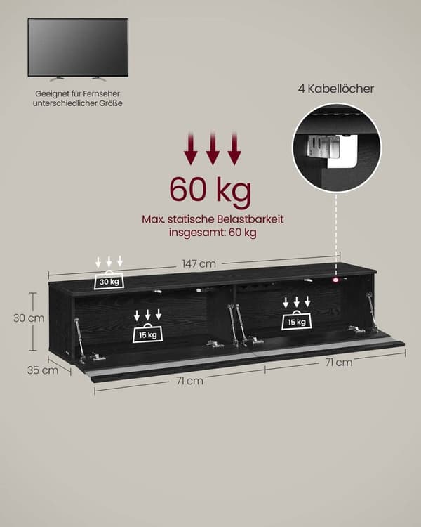 Hængende tv-lavt bord 147 x 35 x 30 cm ibenholt sort