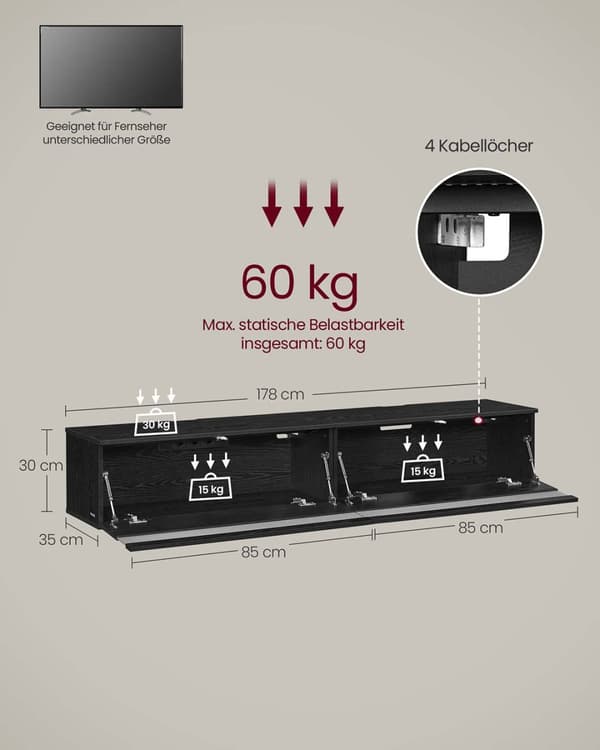 Hængende tv-lavt bord 178 x 35 x 30 cm ibenholt sort