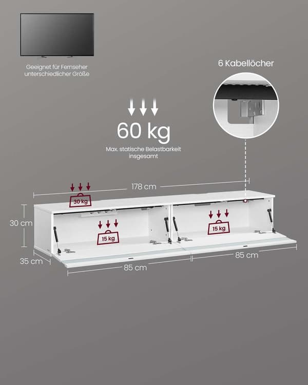 Hængende tv-lavt bord 178 x 35 x 30 cm snehvid
