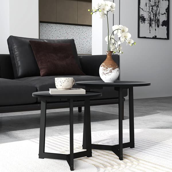 2 st svart soffbord, runt sidobord, litet soffbord med stålram, soffbord med modern design, för vardagsrum, upp till 35 kg