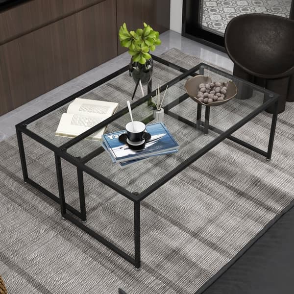 2 stycken soffbord, sidobord, insättningsbord, glasbord, soffbord, svart stål, för vardagsrum och sovrum