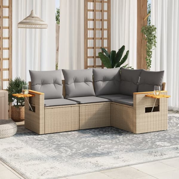 Soffgrupp för trädgård med dynor 4 delar beige konstrotting