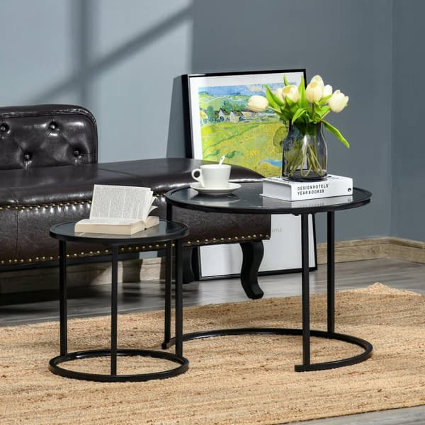 Rootz 2 -stycken soffbordsset - sidobord - marmoroptiska bord - rymdbesparande design - Ø60 x 46 cm, Ø40 x 40 cm