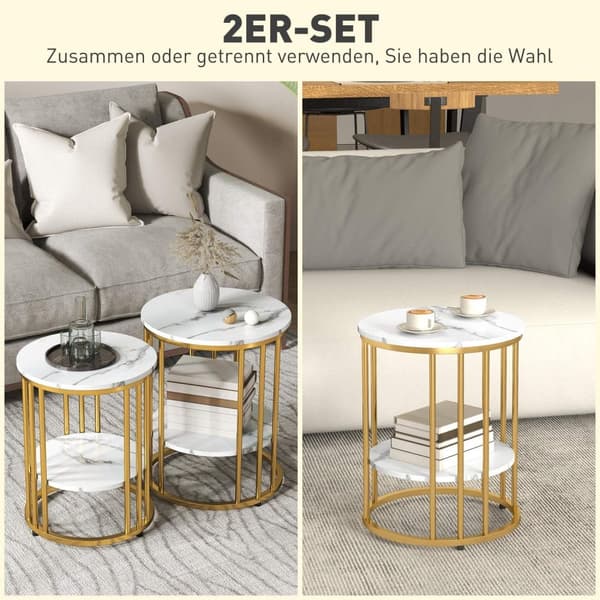 Rootz 2 -stykke sæt Round Side Bord - Sofaborde - Marmorudseende - Dobbelt lagerplads - Ø45 x 55H CM & Ø40 X 50,5 timer cm