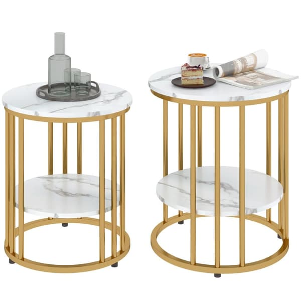 Rootz 2 -stykke sæt Round Side Bord - Sofaborde - Marmorudseende - Dobbelt lagerplads - Ø45 x 55H CM & Ø40 X 50,5 timer cm